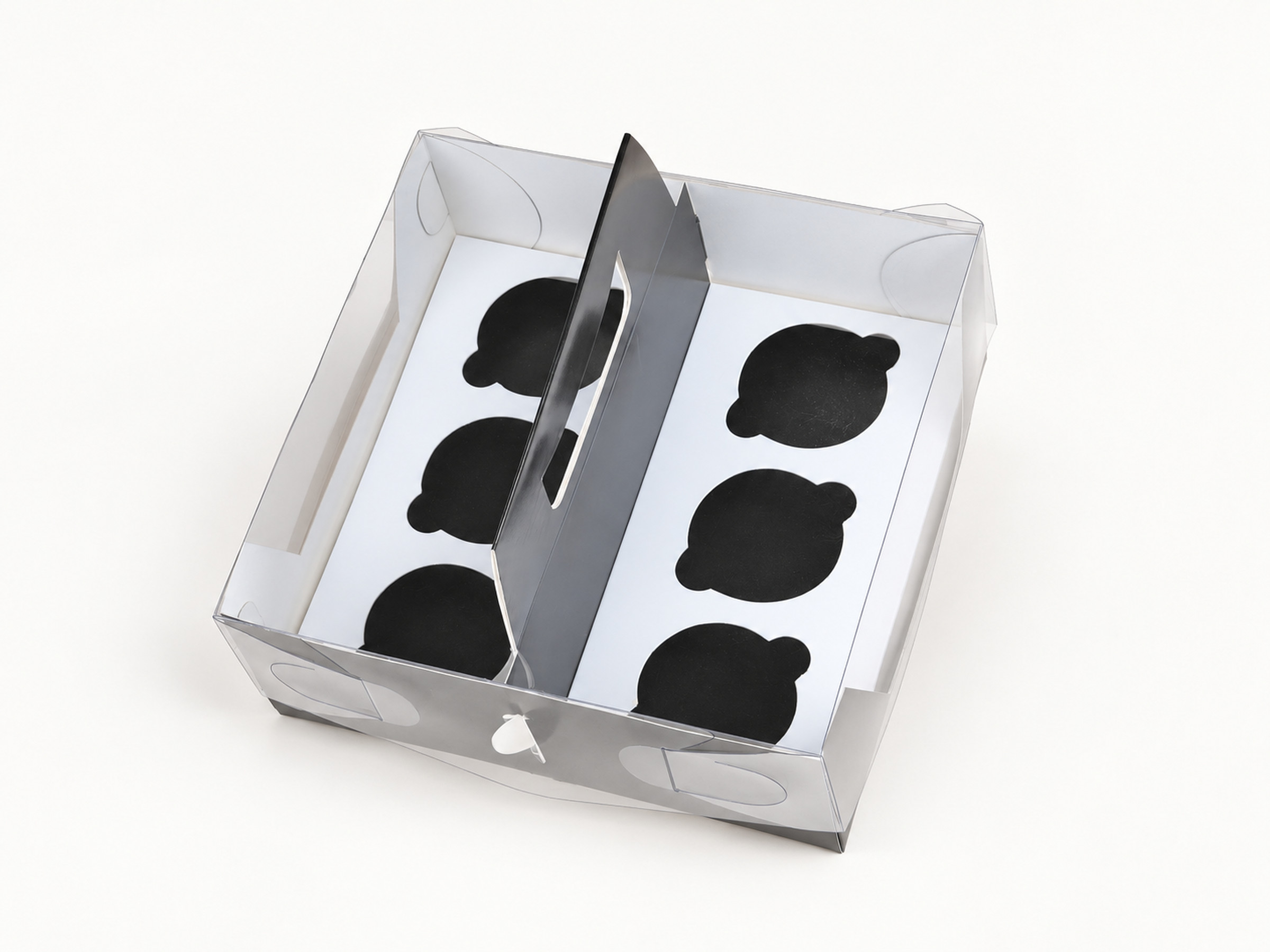 Silver cupcake carry box with an upright cut-out handle, six round insert openings and clear outer walls.